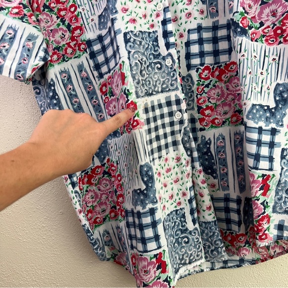 Vintage PennyLane Patchwork Look Button Front Short Sleeve Top Large Flawed - Picture 5 of 13